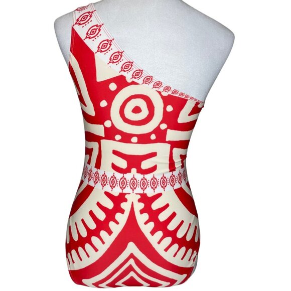 Commsense Orange Cream One Shoulder Abstract Print One Piece Swimsuit XS Beach - Picture 3 of 7